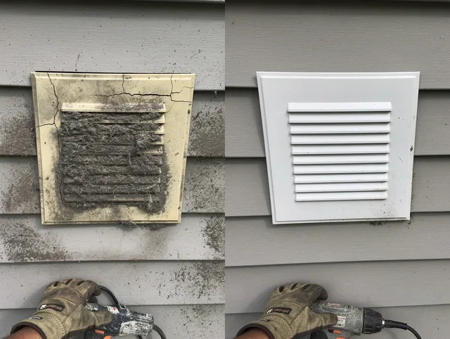 Wildomar Dryer Vent Cleaning technician installing high-quality dryer vent cover at a residential property in Wildomar
