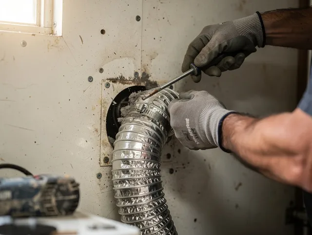 Wildomar Dryer Vent Cleaning technician performing precise dryer vent hose installation in Wildomar